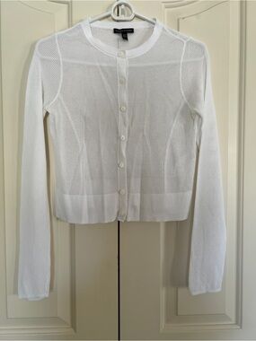 Eileen Fisher White Mesh Knit Button Cardigan